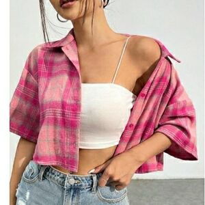 Oversized Button Down Short Sleeve Shirt Textured Collared Crop Top Pink